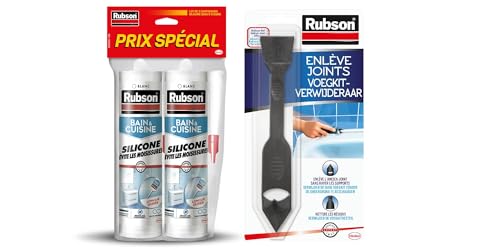 Rubson | Mastic Bain & Cuisine Blanc (lot de 2 cartouches de 280 ml) + Outil Enlève Joints – Kit complet anti-moisissures : mastic silicone étanche + raclette double embout pour retrait et finition