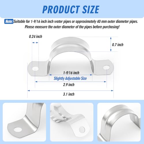 Image of Yaocom 100 Pcs 1 9 /16 Inch Opening Pipe Strap 304 Stainless Steel Conduit Clamp Reinforced Rigid 2 Hole U Bracket for Pipe Fixing on Various Surfaces