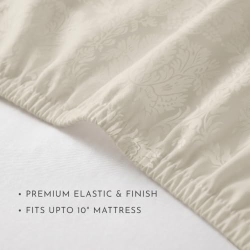 Image of Blue Dahlia 100% Cotton, King Size /Double, Elastic Fitted Bedsheet (72 inchx78 inch) + 2 Pillow Covers, Fits Upto 10 inch Mattress, 300TC Premium Bedsheet, Symmetrical Jacquard Pattern - Beige