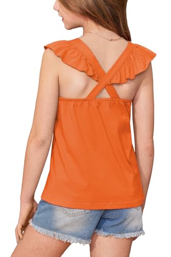Image of BesserBay Girls Criss Cross Back Flutter Sleeve Crew Neck Tank Tops Back Elastic Lightweight Solid Blouse 5-14 Years