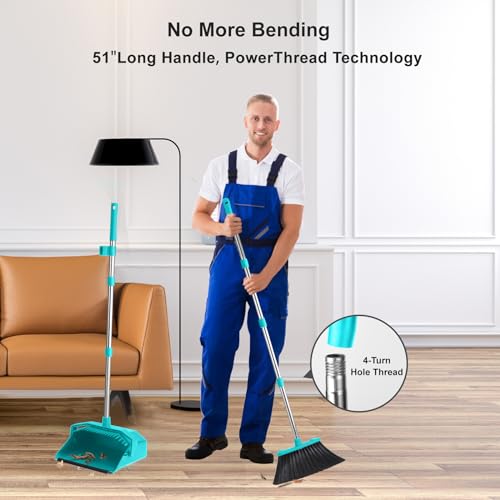 Image of Tiumso Upgrade Broom with Dustpan Combo Set, Broom and Dustpan Set with 51'' Long Handle, Large Upright Brooms and Dust Pans, ZeroGap Lip, Self-Cleaning Dustpan Teeth for Lobby and Restaurant - Blue