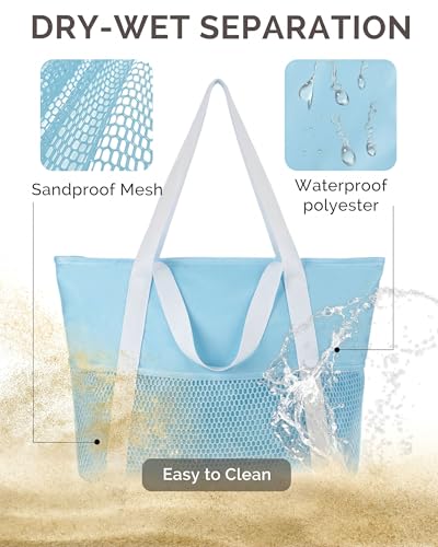 Image of HOMESPON Beach Bag Large Waterproof Sandproof Tote for Women with Zipper and Mesh Pockets