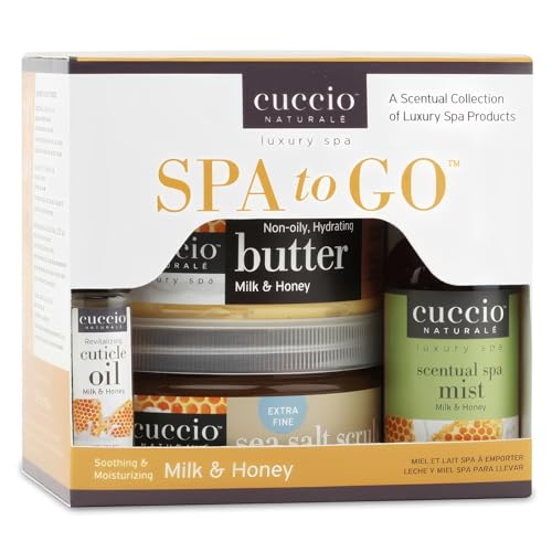 Cuccio 4 Piece Spa To Go Kit – Milk & Honey – Nourishing Skincare Set for Hydration and Softening
