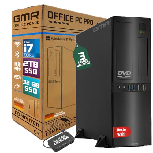 GMR Ultra Slim Desktop PC Intel i7 32GB RAM 2000GB SSD USB 3 WiFi Bluetooth Windows 11 Pro Office PC - Leistungsstarker Desktop PC Windows 11 mit DVD für Büroanwendungen