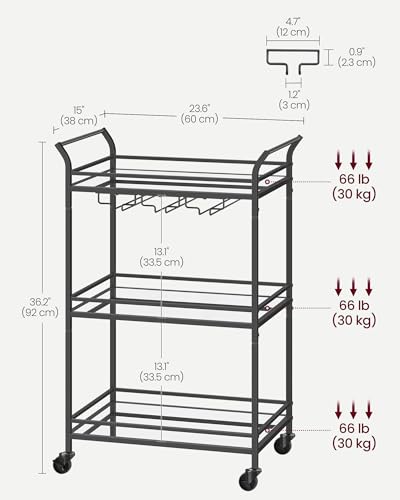 Image of VASAGLE Bar Cart Black, Small Home Bar Serving Cart with 3-Tier Mirrored Shelf, Wine Holders, Glass Holders, for Small Spaces, Kitchen, 15 x 23.6 x 36.2 Inches, Black ULRC100B01