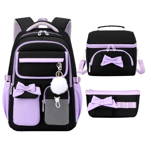 NIWEIYA Mochila escolar para meninas, crianças, escola primária, mochila para meninas, adolescentes, fofas, infantis, mochilas casuais, 3 peças preto-roxo, Mochilas Daypack