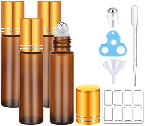 bofessor Essential Oil Roller Bottles, 10ml Clear Glass Roll on Bottles with Stainless Steel Roller Ball, Opener, Plastic Pipettes, Funnel, 8 Stickers, Refillable Container for Perfume 4 Pack (Amber)