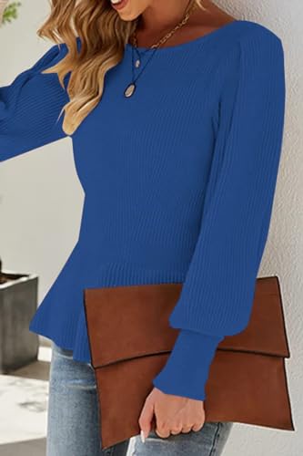 Image of Womens Fall Puff Sleeve Peplum Casual Slim Fit Knit Pullover Sweater Jumper Tops