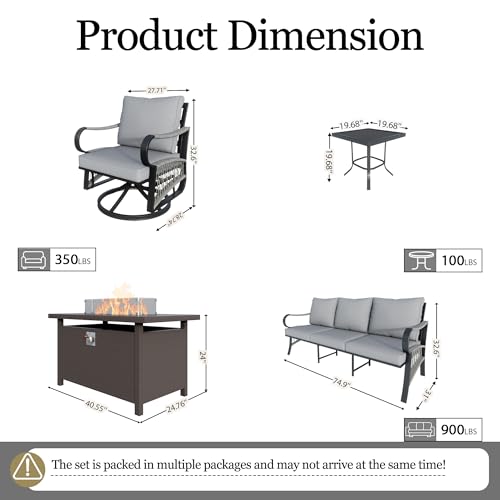 Image of 5-Piece Outdoor Furniture Set, Metal Swivel Rocking Chairs with All-Weather Cushions, Rope Patio Conversation Set with Fire Pit Table for Deck, Porch, Garden, Backyard, Poolside (Gray Cushions)