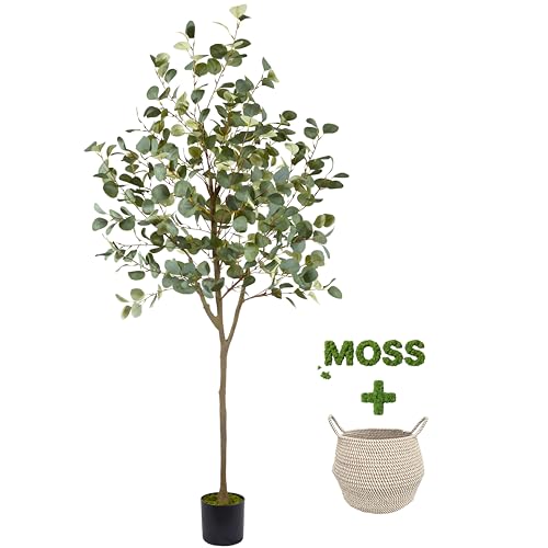 Warmplants Artificial Eucalyptus Tree, 6ft Tall Fake Eucalyptus Plant with Basket, Green Silver Dollars Silk Leaves Faux Tree for Home Office Livingroom Floor Decor Indoor