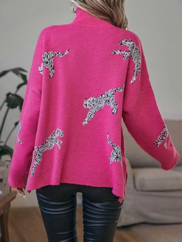 WDIRARA Women's Leopard Print High Neck Long Sleeve Sweater Casual Knit Pullovers2