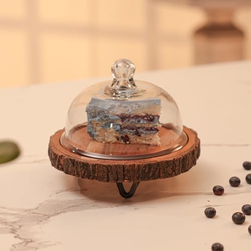 Image of Vriksha Acacia Wood Cake Stand with Glass Dome Lid | Serving Cake Stand, Dessert & Cupcake Display | Pastry Stand | Round Cake Holder