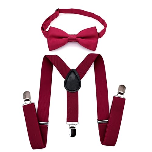 JZK Weinrot Kinder-Fliege und Hosenträger-Set für Jungen unter 135 cm, verstellbare Y-förmige Dunkelrot Hosenträger mit Fliege für kleine Jungen für Hochzeit, Party, Verkleidung