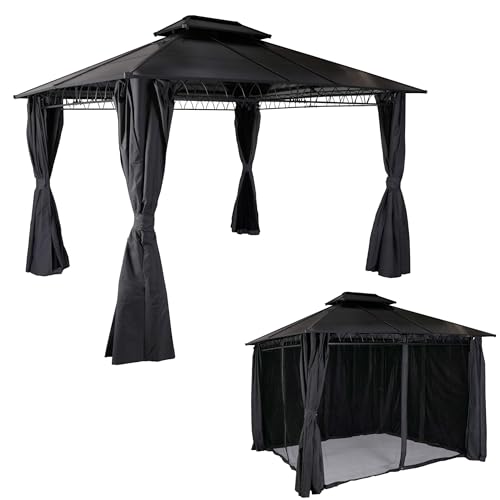 Mendler Hardtop Pergola HWC-M81, Pavillon, Aluminium Dachstreben 7cm-Stahlgestell mit Seitenwand und Moskitonetz 3,6x3m - grau