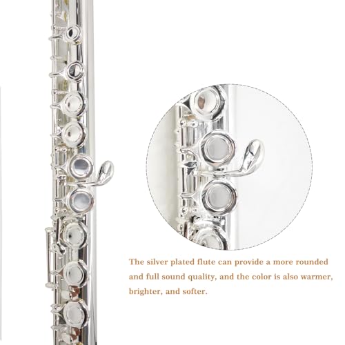 Image of YANASON C Flute Closed Hole 16 Keys Flute Silver-plated for Beginner, Adults,Student with Leather case, Metal stand, Gloves, Tuning Rod, Cleaning kit(16 Silver)