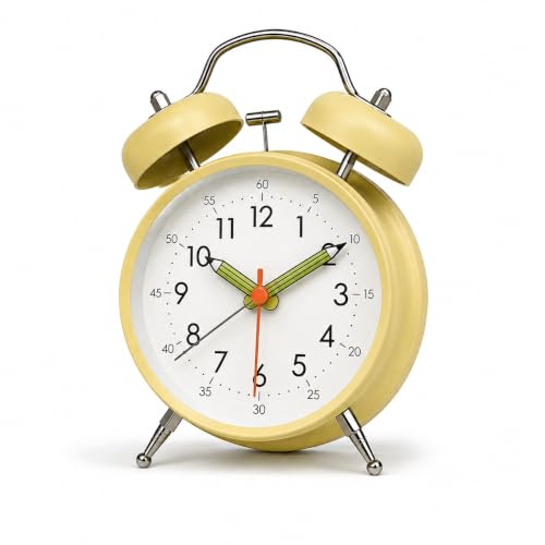 Image of Linlinwill Loud Alarm Clock for Heavy Sleepers, Silent Metal Alarm Clock Non Ticking, 4" Twin Bell Alarm Clock with Night Light, Battery Operated Analogue Alarm Clock for Bedroom (Mustard Yellow)