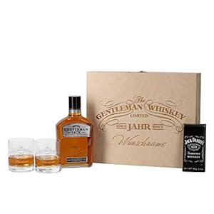 Herz & Heim® 5-tlg Whiskey Set 2 Gläsern mit Gravur, Jack Daniels Schweizer Schokolade, Gentleman Jack + Holz-Schatulle