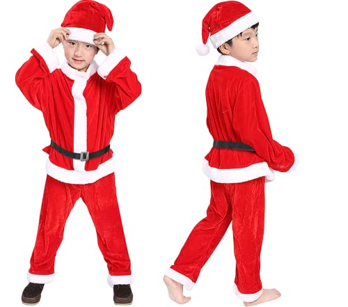 OUYOO Kinder Weihnachtsmann Kostüm Anzug für Jungen Kinder Samt Weihnachtsmann Kostüm Weihnachts Kostüm Outfit 4 Stück Santa Cosplay Party Kostüm Cover