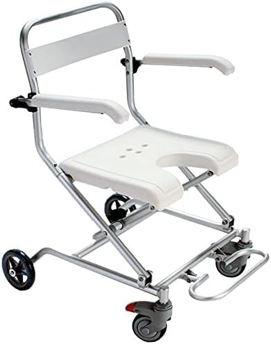 Fotel prysznicowy do wózka inwalidzkiego ze składaną konstrukcją i kółkami dla osób starszych i niepełnosprawnych, ergonomiczne oparcie i składane ramiona, stołek kąpielowy dwa w jednym
