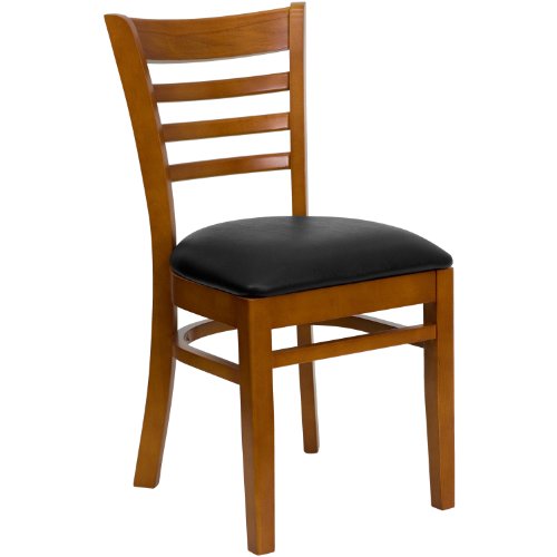 Image of Flash Furniture HERCULES Series Ladder Back Cherry Wood Restaurant Chair - Black Vinyl Seat