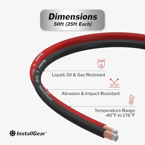InstallGear 4 Gauge Wire - 50 ft 4 AWG CCA Battery Cable - Car Audio, Amplifier Power, Ground Applications