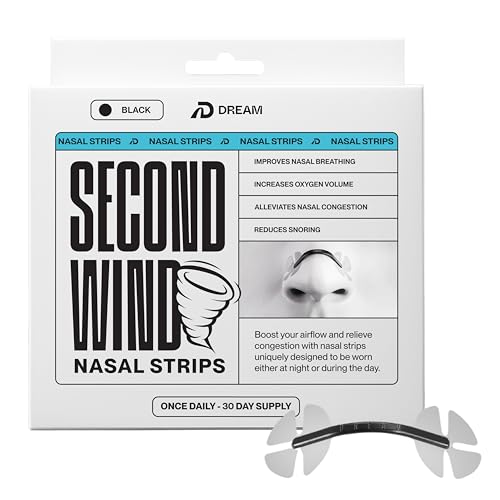 Dream Recovery Second Wind Nasal Strips - Nose Strips for Breathing, Sleep and Athletic Performance - Snore Relief and Congestion Support - Black, 30 Count