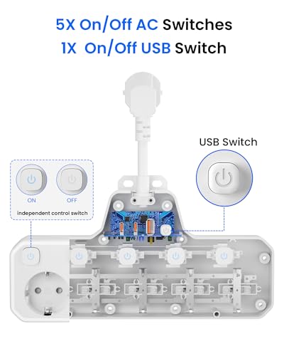 Miniatura 5 de Regletas Enchufes Proteccion Sobretension, Ladron Enchufes Con Interruptor,Regleta 5 Tomas Con Usb Carga Rápida Pd20w,Base Enchufe Multiple Interruptor Independiente,Enchufe Pared Cable Corto,Blanco