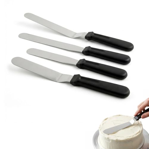 Espátula pastelera, acodada de acero inoxidable 8'/10', para glaseado, panqueques, pasteles, magdalenas y pasta de azúcar, herramienta profesional para decoración lisa y sin arañazos (4 set, negro)