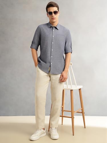 Image of Thomas Scott Men's | Solid | Premium Linen Blend | Spread Collar | Summer Wear | Long Sleeve | Shirts for Men