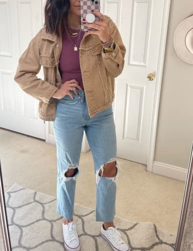 Omoone Women's Long Sleeve Rivet Studded Denim Jacket Casual Washed Pearl Short Jean Coat3