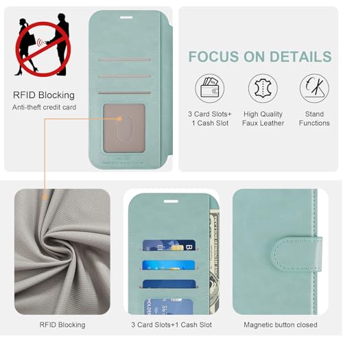 VANAVAGY Wallet Case Compatible for iPhone 17 6.3-inch 2025, Folio Flip Case with Wrist Strap RFID Blocking Card Holder Kickstand, PU Leather Shockproof Phone Cover Screen Protector,Light Mint by VANAVAGY - Used condition - Image 3