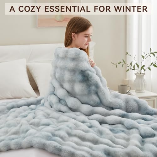 Faux Fur Throw Blanket, 1000GSM Fluffy Soft Bubble Blanket for Couch Bed, Cozy Plush Warm and Thick Rabbit Blanket for Living Room Bedroom 60''*80'' Tie-dye Blue