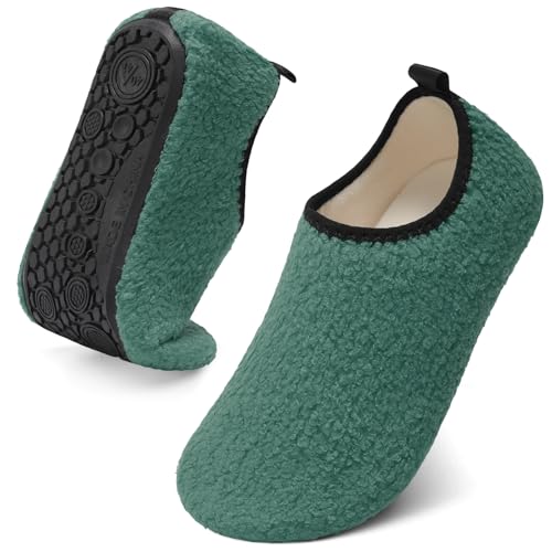 QFH Womens & Mens Cozy House Slippers - Portable Travel Shoes with Flexible Rubber Sole & Soft Velvet Lining Green 4-5 Women/3-4 Men