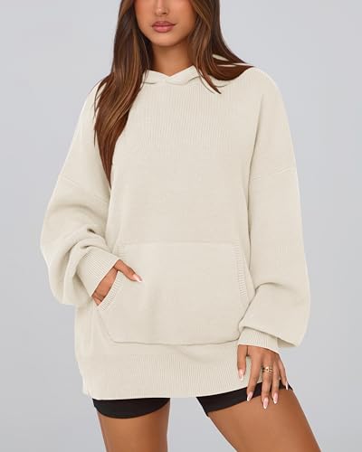 dowerme Women Oversized Sweaters 2025 Lantern Long Sleeve Drop Shoulder Chunky Knit Hooded Pullover Sweater with Pocket2