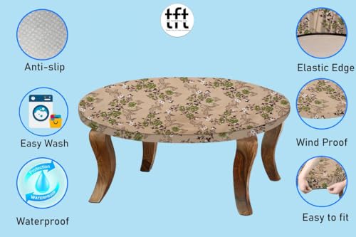 Image of The Furnishing Tree Round Elastic Fitted Center Tpoy Table Cover WxL 24x24 Inches Floral Pattern Beige