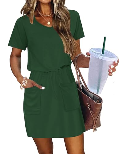 Image of AUSELILY Womens Summer Dresses 2026 Causal Short Sleeve V Neck Tie Front Mini Short Dress with Pockets