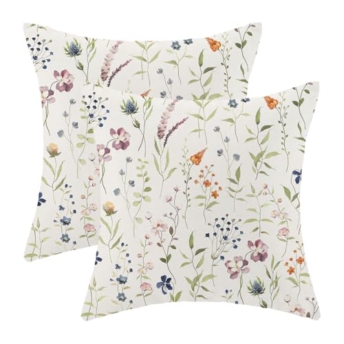Image of AEIOAE Spring Pillow Covers 18x18 Inch Set of 2, Sage Green Colorful Wild Flower Throw Pillows Case,Seasonal Floral Plant Outdoor Decorative Farmhouse Decor Cushion Covers for Sofa Bed Couch