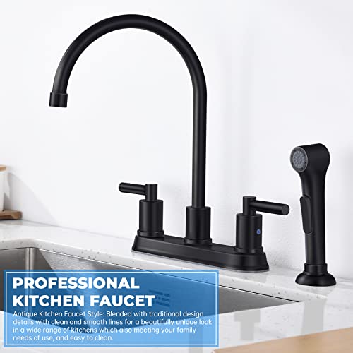 Arrisea 8 Inch Two Lever Kitchen Faucet With Pull Out Side Sprayer,Black Stainless Steel Two Handle Kitchen Sink Faucet,4 Hole Kitchen Faucets With Side Sprayer,Faucet For Kitchen Sink #TOP1