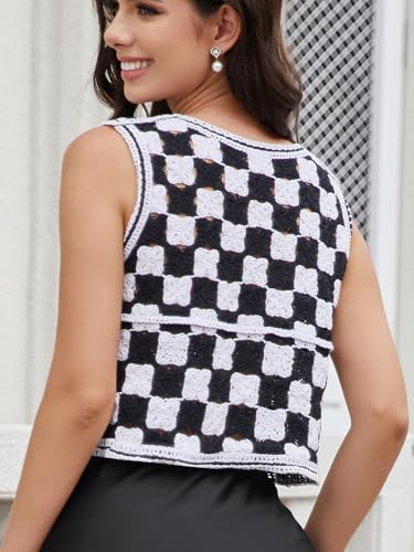 Image of Women's Crochet Button Up Sweater Vest Casual 2025 Checkered Knit Embroidered Cropped Cardigan Sleeveless Trendy Tops