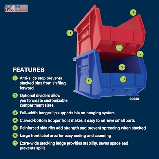 Akro-Mils 30240 AkroBins Plastic Storage Bins, Space-Saving Stackable Bins for Garage, Pantry, Craft Organization, 15 x 8 x 7, Black, 12-Pack