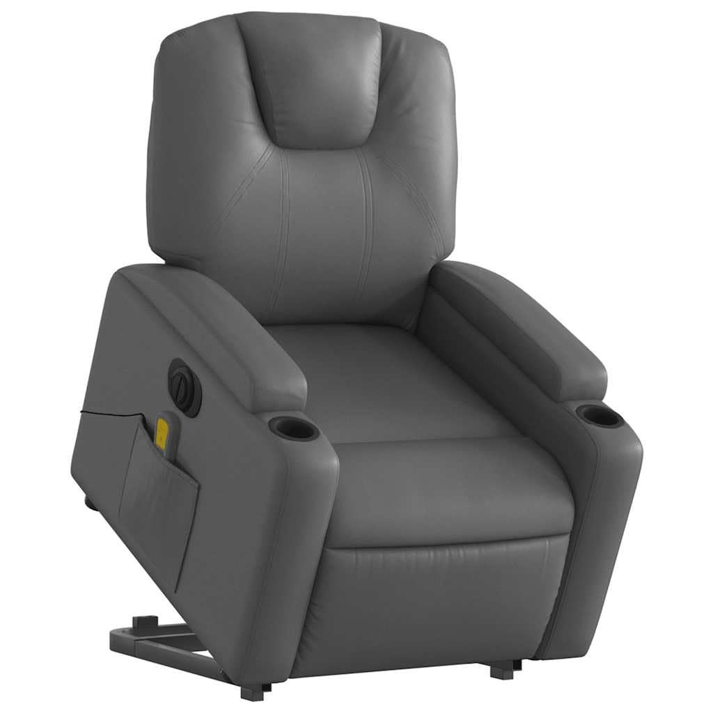 Sillón elevador eléctrico reclinable con masaje por vibración, color gris, de piel sintética, 6 puntos de masaje, función de elevación e inclinación de 135 grados, estructura