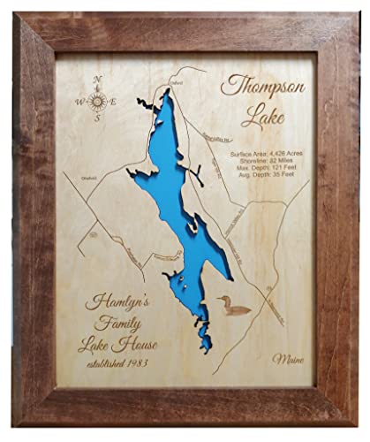 Thompson Lake, Maine: Framed Wood Laser Engraved Map | Custom Text Included | Wood Sign | Wall Hanging| Nautical Art | 2D Wood Map | Wall Art | Made to Order 31" x 47"