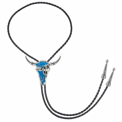 Image of GelConnie Mens Western Bolo Tie Blue Longhorn Skull Cowboy Necktie Cord | Blue Longhorn Western Bolo Tie with Cactus Motif, Adjustable Faux Leather Cord for Cowboy Ties for Men and Rodeo Outfit Style