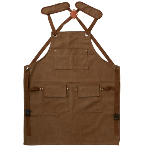 NIHUIFDPY Welding Work Apron with 5 Tool Pocket, Heavy Duty Woodworking Apron, Waterproof Oxford Cloth Work Shop Apron, Adjustable Cross Strap Men Housework Apron for M-XXL Men Women Painting(khaki)