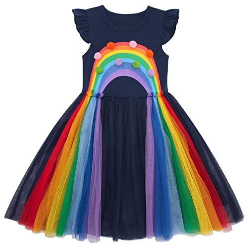 Vieille Navy Blue Dresses for Toddler Girls 4T Summer Dresses 5T Rainbow Holiday Sundress Size 5