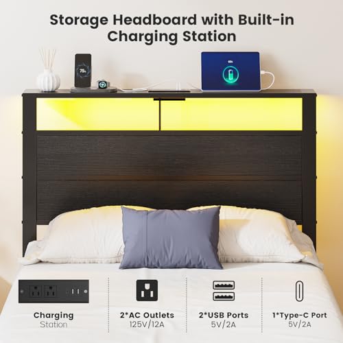 Image of Twin Size Bed Frame with LED Lights and USB Charging Station | Black Metal Platform Bed with Storage Headboard, Noise Free, No Box Spring Needed, Easy Assembly