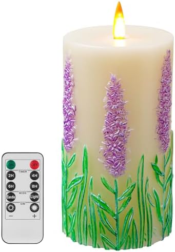 QQFCTOO Lavender Embossed flameless Candle with Flickering Flame - Battery-Operated Candle with Remote Timer - Real Wax - unscented - Home - Holiday Decoration (3 inches x 6 inches)
