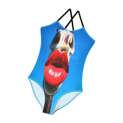 Funny Horse Red Lipstick Girls Swim Suit with Adjustable Shoulder Strap, Beach Bathing Suit, 3-10 5