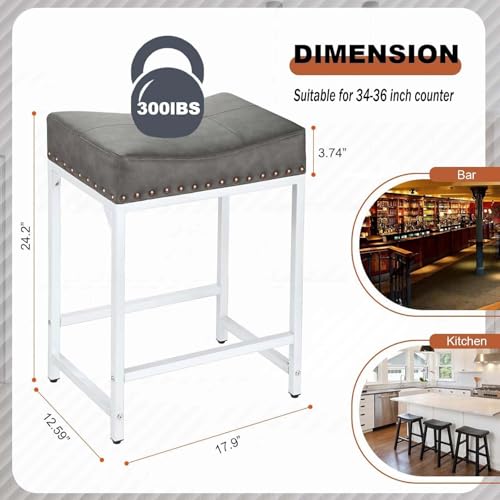 Bar Stools Set of 2, Counter Height Bar Stools with Soft Cushion Bar Stools ​and Barstools Steel Frame, 24" Modern Saddle Stool for Bar, Stools for Kitchen Counter Support 300 LBS (Grey+White) by FLYZC - Image 5