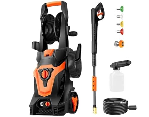 PowRyte Lavadora a presión eléctrica con carrete de manguera, cañ...